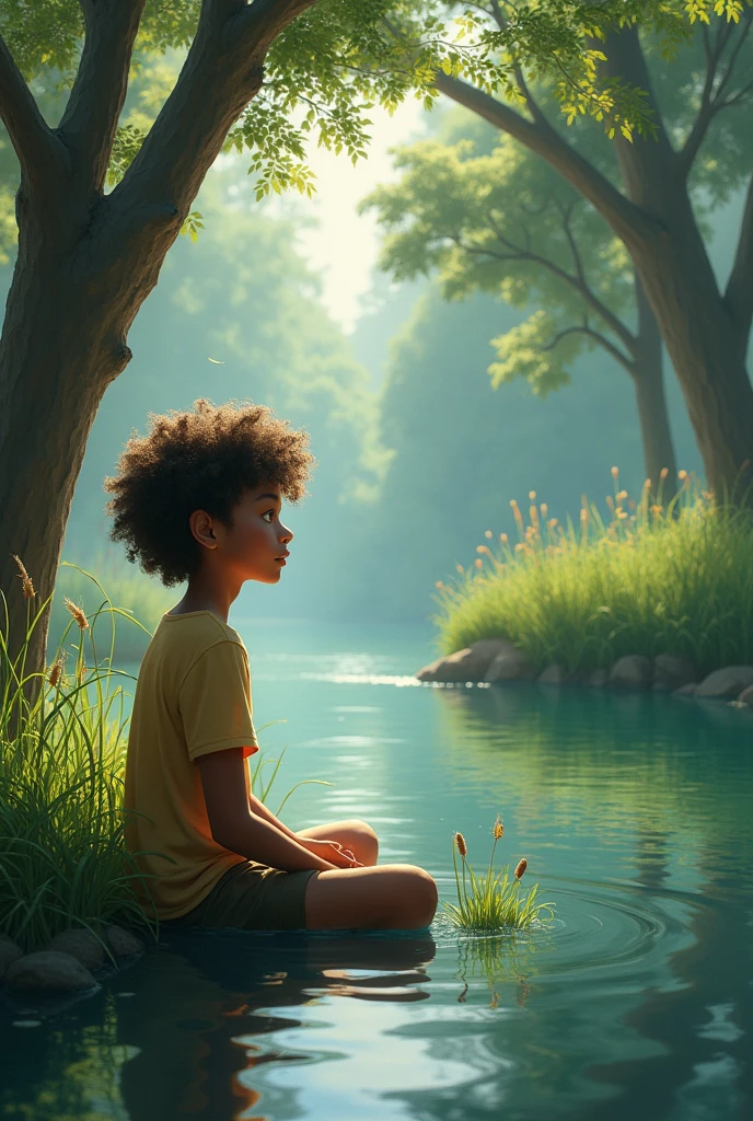 A with curly hair and bright eyes sitting beside a lake