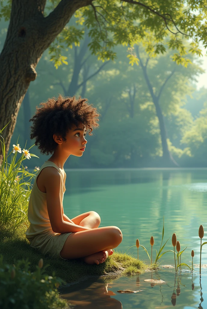 A with curly hair and bright eyes sitting beside a lake