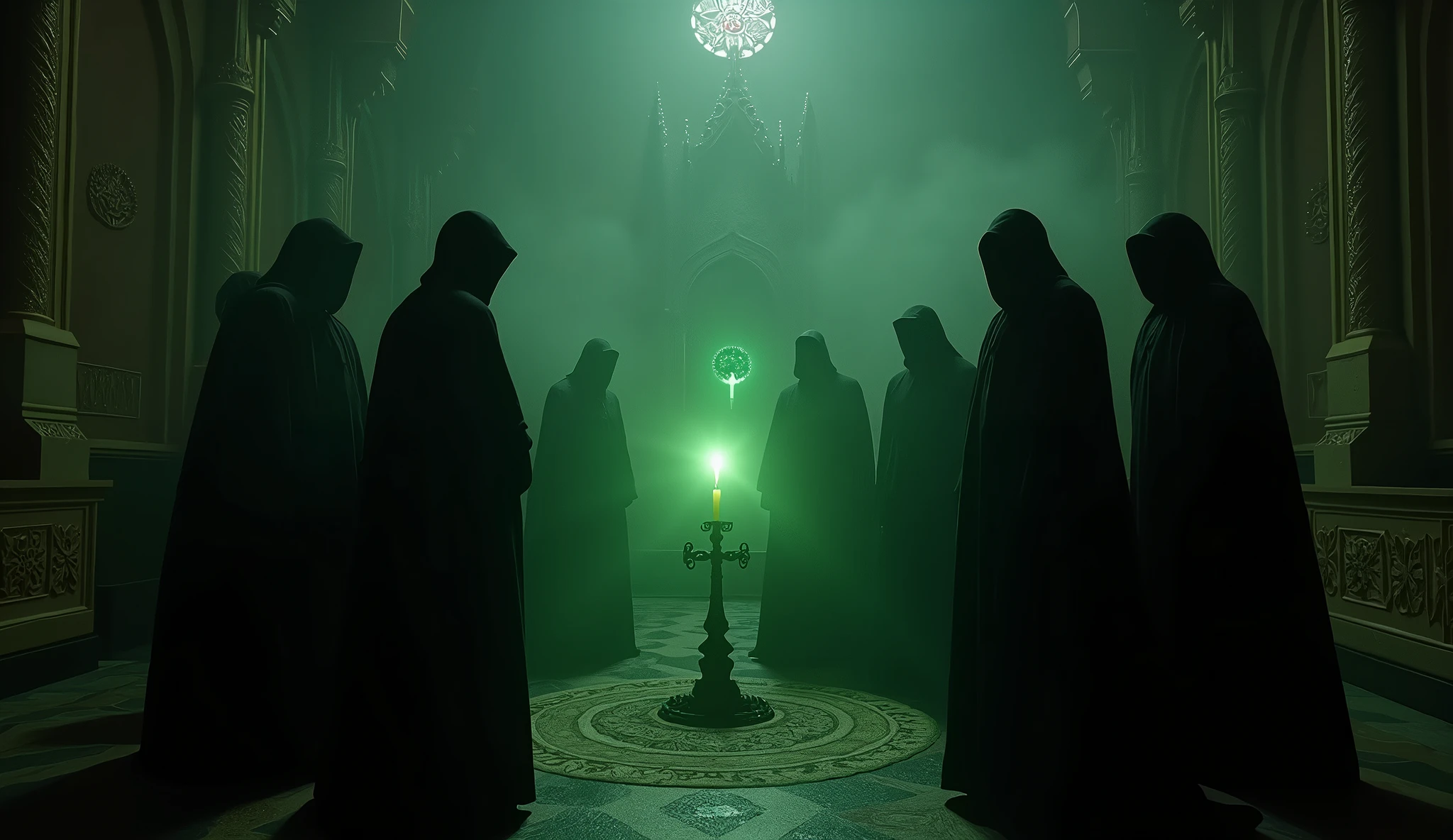 8k、(number々の賞を受賞したmasterpiece、Incredible detail、Texture、Maximum details),green flame candle, (summoning magic),(St George&#39;s Church in Lalibela at night (Church of Saint George) - Ethiopia), (dark ritual),(dark organization)arafed image of a group of people in a church with candles,lit candle, dark cinematic concept art, elegant cinematic fantasy art, photorealistic dark concept art, by Beeple, dark robes, wojtek fus, gothic epic library concept, gothic epic library, epic cinematic concept art, dark concept art, Beeple and mike winkelmann, symmetrical epic fantasy art, High resolution, masterpiece, Highest quality, Intricate details, Very detailed, Clear focus, practical skin texture, texture,  Shot with Canon, 85mm, Shallow and deep, Kodak Vision Color, Exactly, Very detailed, photograph_\(Extremist\), photographpractical, practical, Post-processing, Maximum details, Roughness, Real Life, Extremist practical, Photorealism, photographgraphy, 8K Ultra HD, photographgraphy
