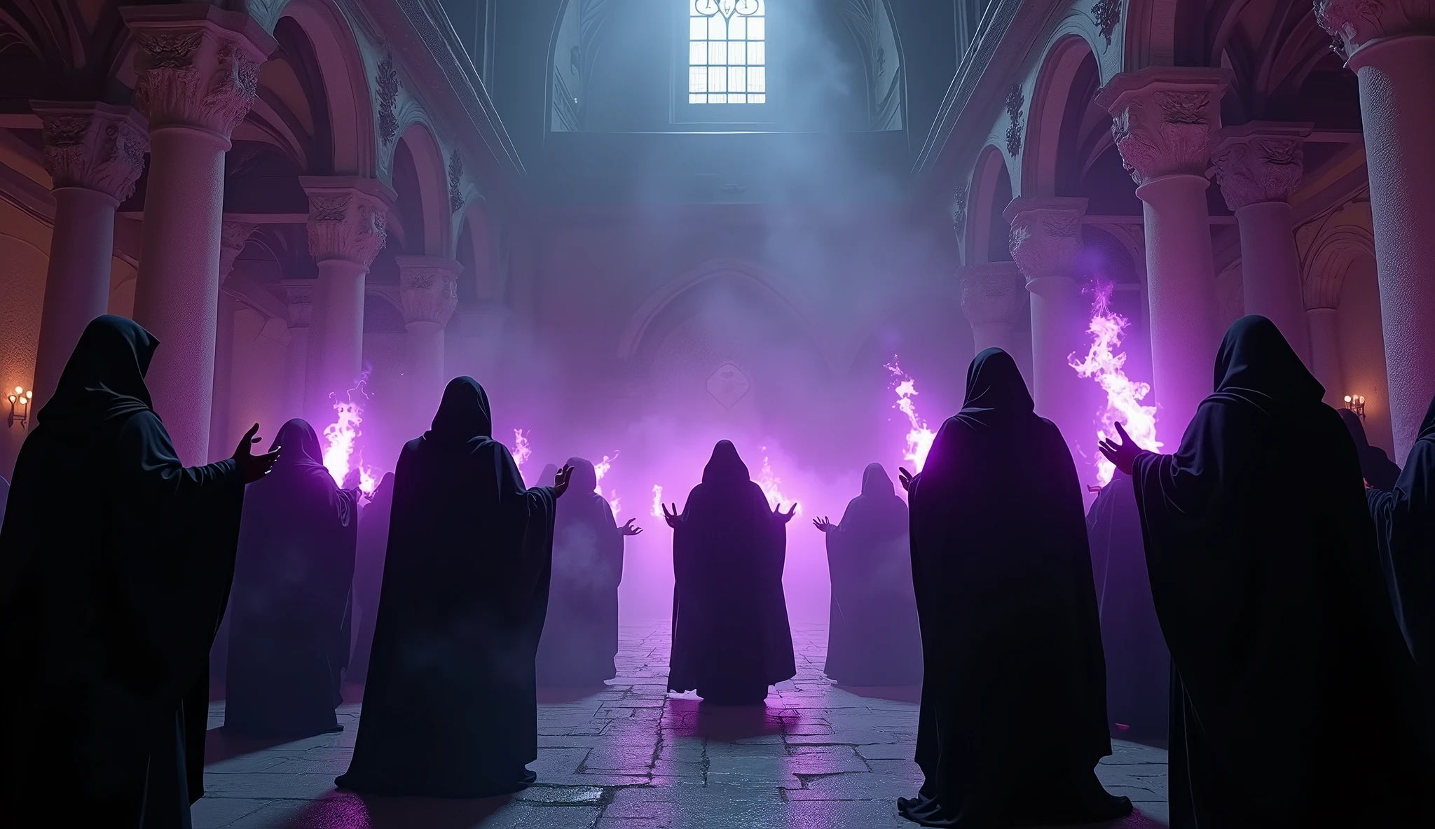 8k、(number々の賞を受賞したmasterpiece、Incredible detail、Texture、Maximum details),purple flame candle, (summoning magic),(St George's Church in Lalibela at night (Church of Saint George) - Ethiopia), (dark ritual),(dark organization)arafed image of a group of people in a church with candles,lit candle, dark cinematic concept art, elegant cinematic fantasy art, photorealistic dark concept art, by Beeple, dark robes, wojtek fus, gothic epic library concept, gothic epic library, epic cinematic concept art, dark concept art, Beeple and mike winkelmann, symmetrical epic fantasy art, High resolution, masterpiece, Highest quality, Intricate details, Very detailed, Clear focus, practical skin texture, texture, Shot with Canon, 85mm, Shallow and deep, Kodak Vision Color, Exactly, Very detailed, photograph_\(Extremist\), photographpractical, practical, Post-processing, Maximum details, Roughness, Real Life, Extremist practical, Photorealism, photographgraphy, 8K Ultra HD, photographgraphy