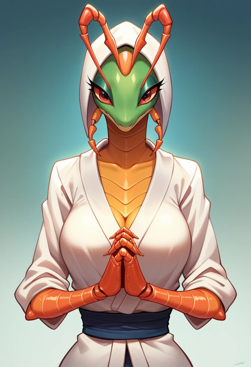 4k, 8k, human female, anthropomorphic, praying mantis, anthropomorphic praying mantis, ninja, praying mantis elements. Like a ninja. Both hands become weapons. Compound eyes. Anime style