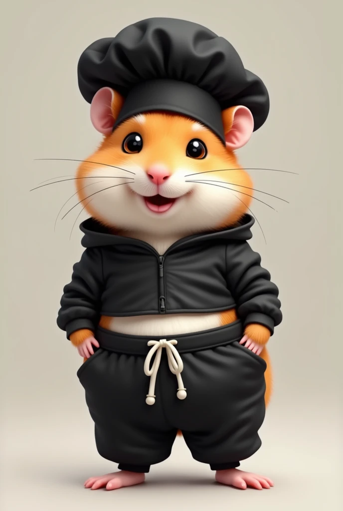 create a hamster with cute hamster cheeks and a black chef's head cap, you shouldn't see the ears, put black jogging pants on the hamster and a black short crop top and don't make the hamster too fat