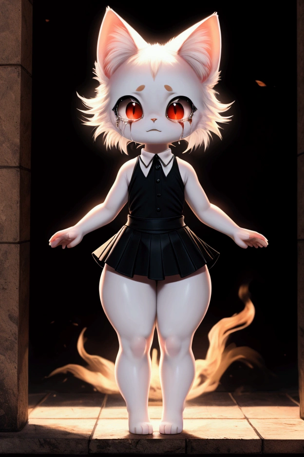 Small, thin female kitten with nice big thighs and white fur and black eyes with red pupils and crying blood and is wearing a short dress with a full body mini skirt and is and is a ghost.