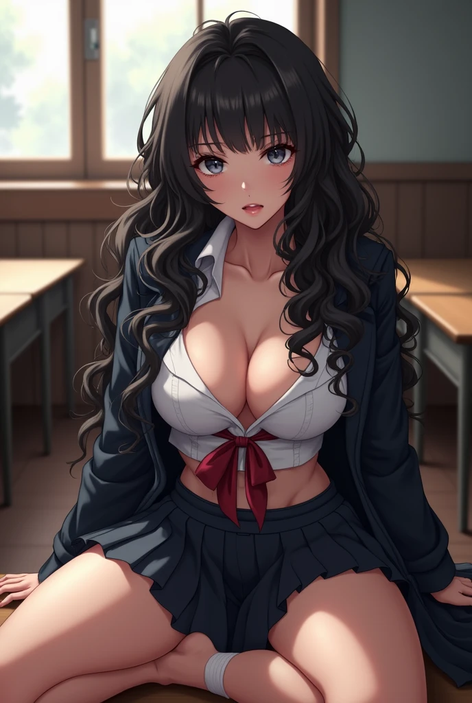 A pale-skinned Russian girl with long curly black hair with gray eyes and big breasts sits with her legs spread, Taking a realistic anime style photo in school clothes