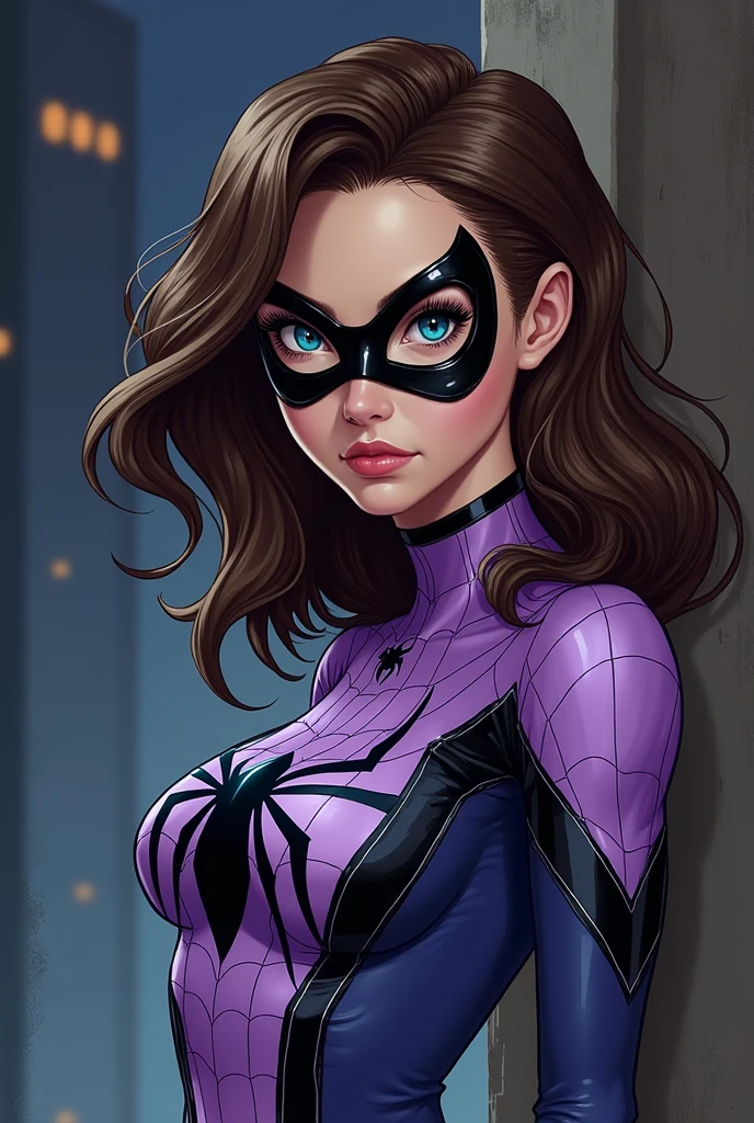 a girl with brown hair and blue eyes. her hair is a tomboy and she has big eyelashes. she has a lilac spiderman outfit, but only with a mask over her eyes, and she is over 20 years old and has a more serious and sober appearance.It's night and she has black and white details on her clothes. she gives off a seductive air.  (add lots of details)  . MARVEL 1980 comics style 2D
