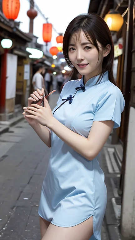 japanese women、One、Living in old Chinatown、Chinese style hair、Open your mouth and laugh、Short sleeve blue cheongsam、sexy pose、very short、Old town、Chinatown at night、the lights are bright、