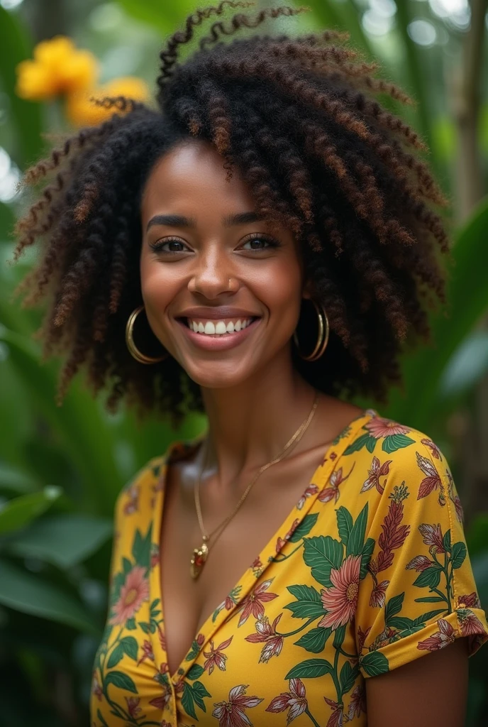 A Brazilian woman in a lush tropical garden, wearing an open shirt with a floral print, with a close-up capturing the harmonious beauty between her breasts and the natural flowers, showing off your natural charm and outgoing personality.