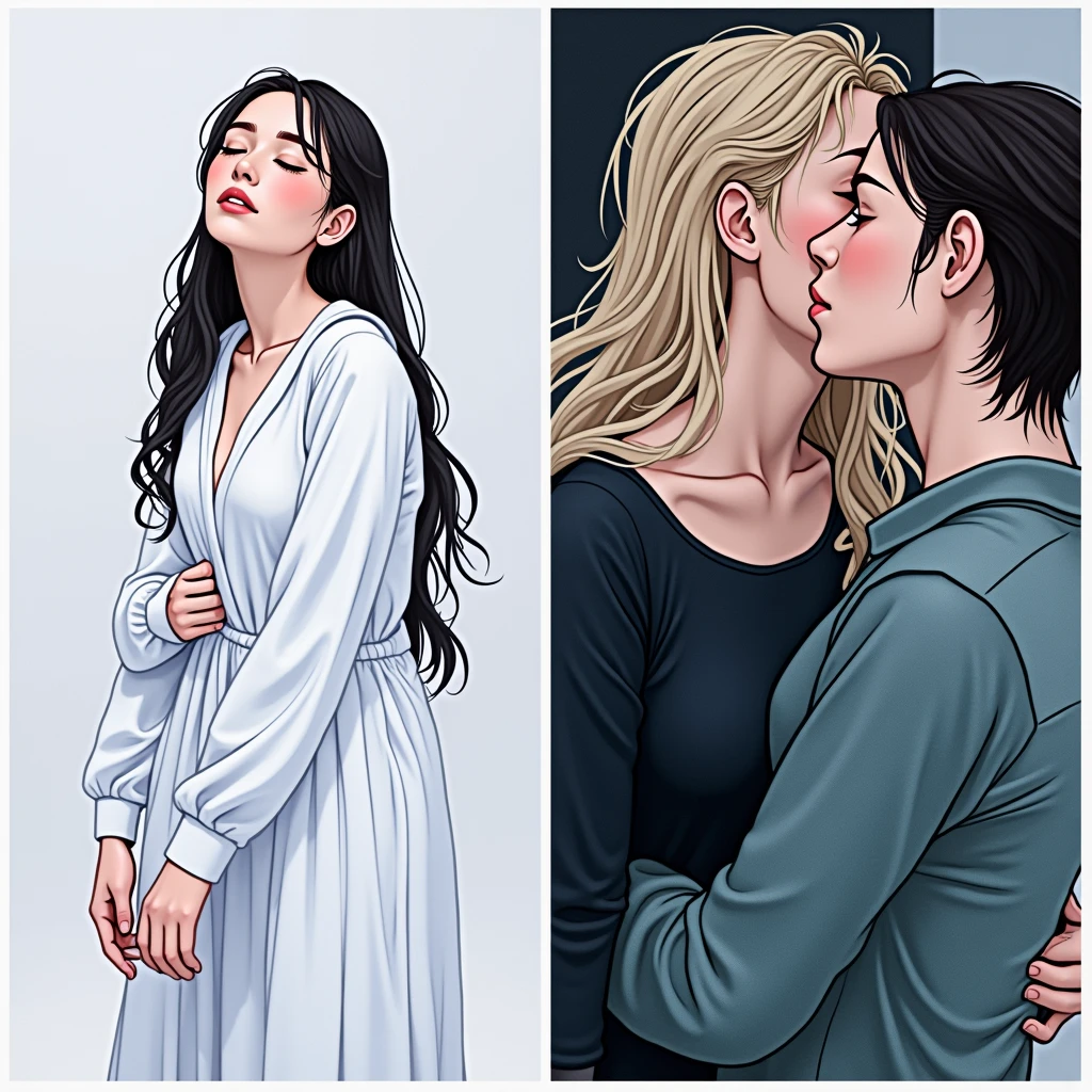 Person in the right hugs the left person and the left person hugs the right person
