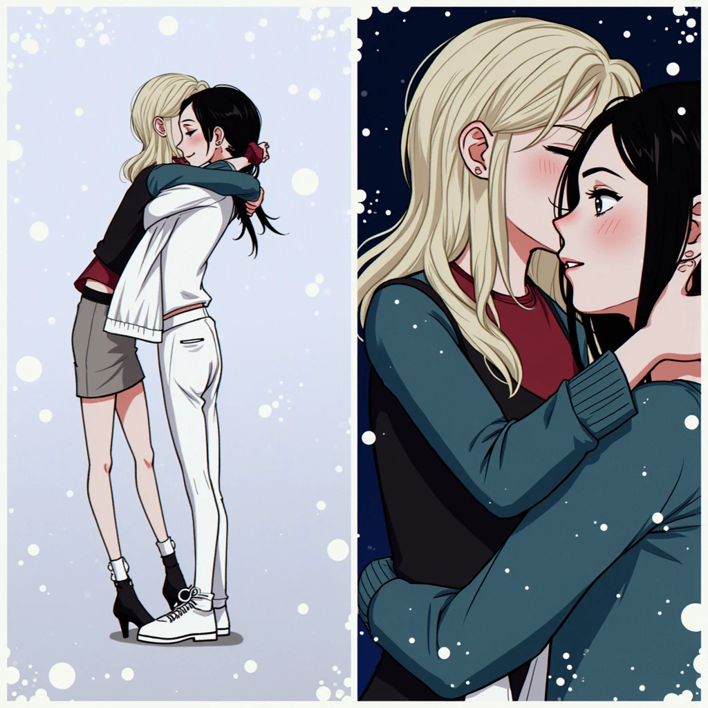 Person in the right hugs the left person and the left person hugs the right person