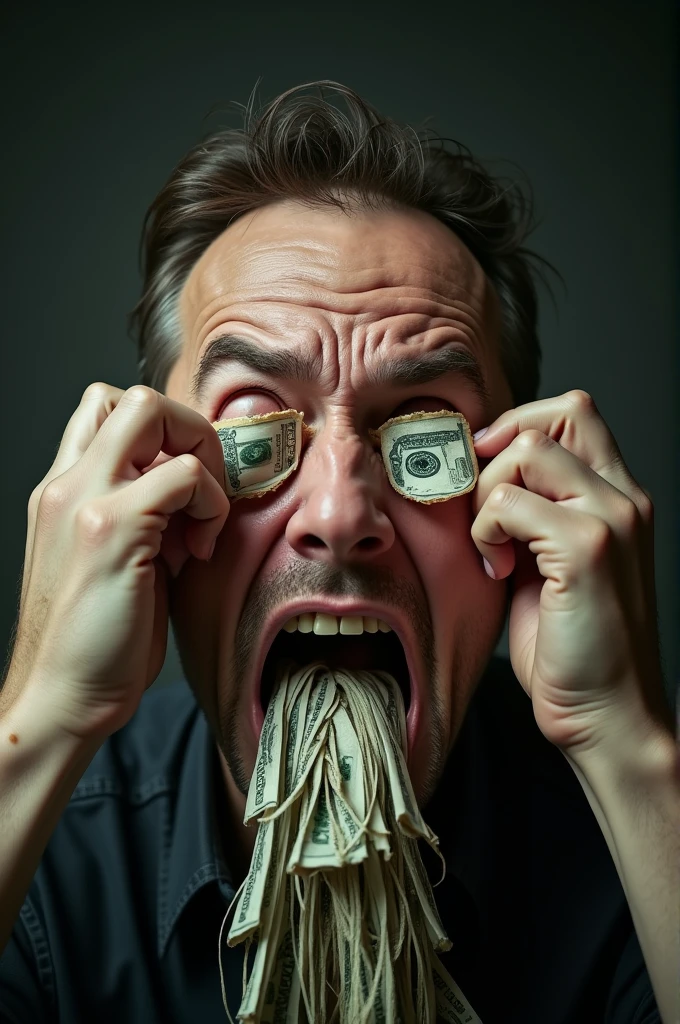 A close up image of a man tearing off his eyelids and beneath is money flowing