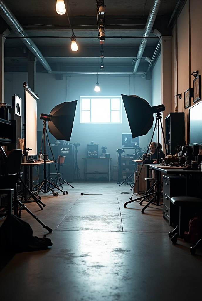 Behind the scenes of the studio as if it were a photo shoot with no one in the photo just the studio