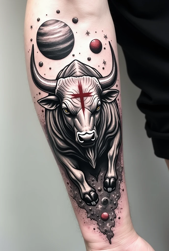 A black and white tattoo on the forearm of a bull in the solar system charging upwards with a red cross on its side painted on the right eye in red
