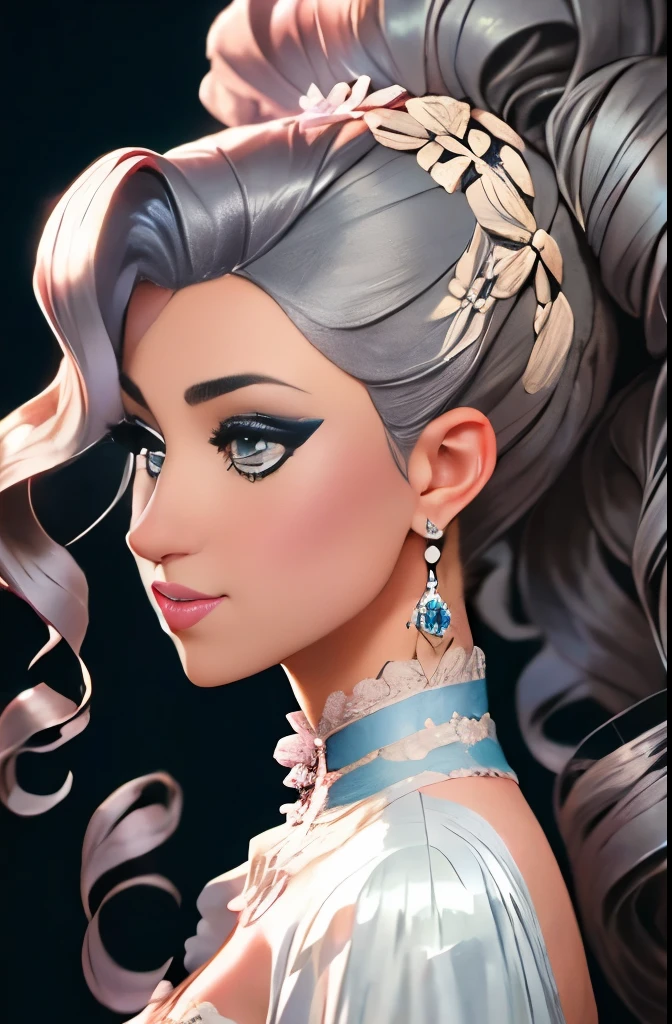 araffe woman in a silver dress, a pastel by Shaddy Safadi, trending on zbrush central, rococo, glamor hairstyle, big hair, intricate hairstyle, imperial and elegant hair style, elaborate hair worn up, glamorous hairstyle, intricate hair, baroque curls, elaborate long hairstyle, beautiful futuristic hair style, insanely nice hair style