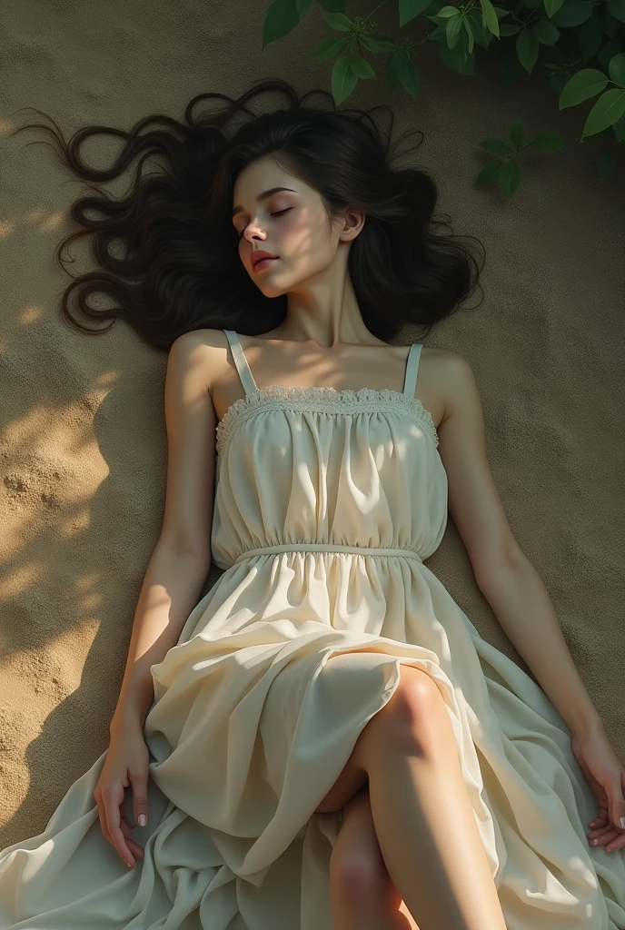 A beautiful girl sleeping on the flor outside, on dirt, realistic, full body, legs visible, hurt hr leg