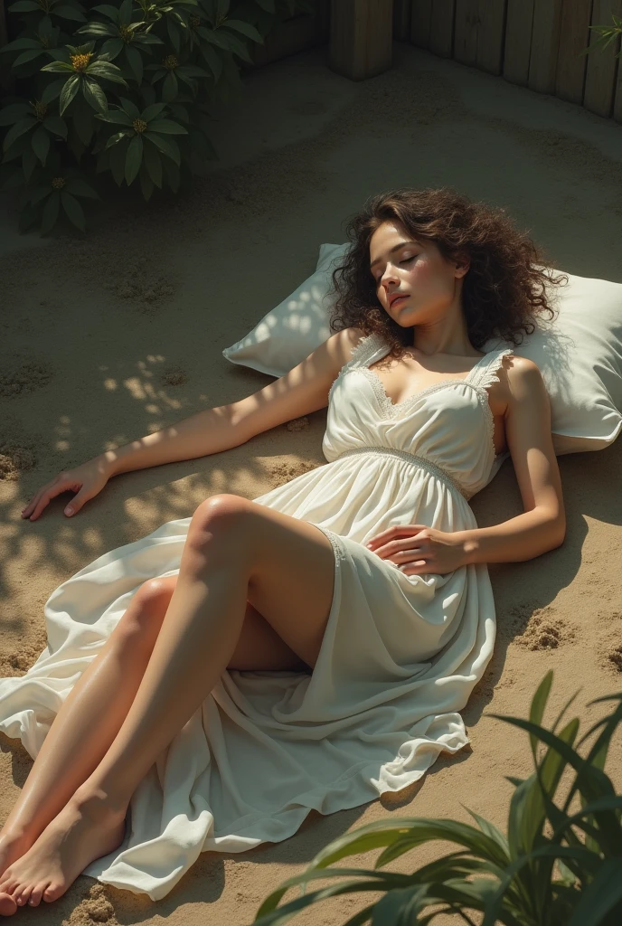 A beautiful girl sleeping on the flor outside, on dirt, realistic, full body, legs visible, hurt hr leg