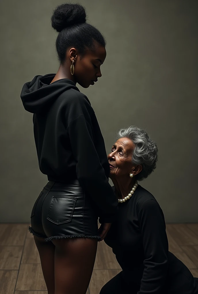 black woman hair in a bun black hoodie black leather short shorts a old grandma in a dress on her knees kissing her ass behind her squeezing her butt
