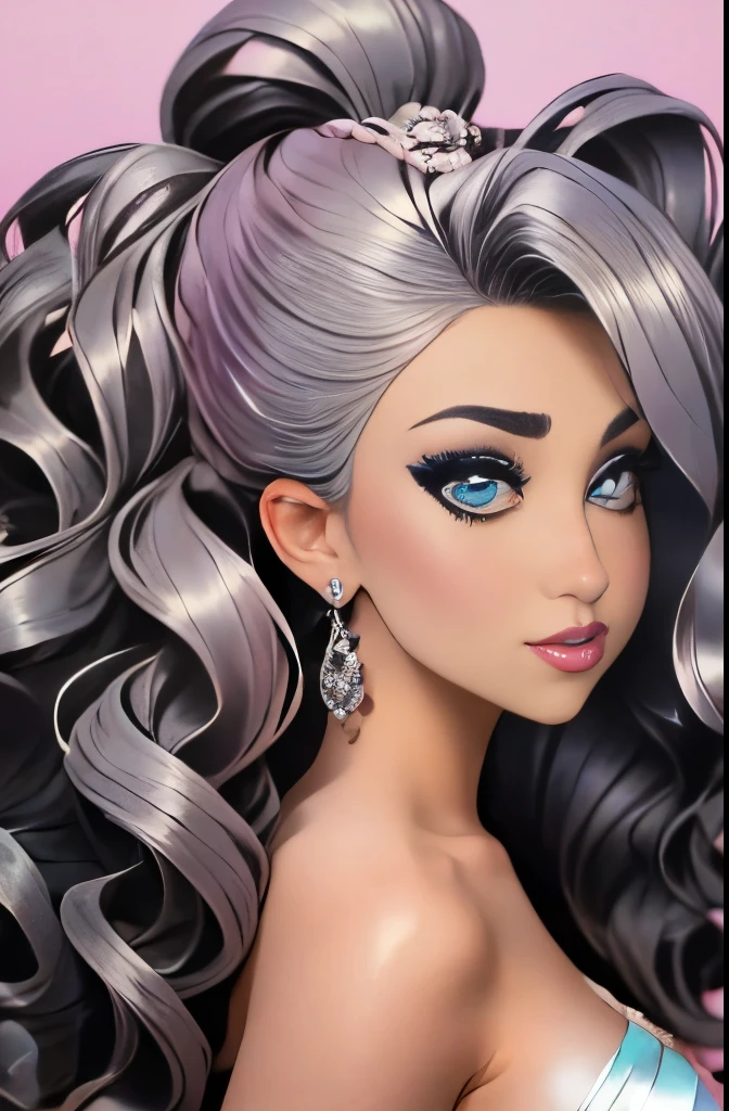 araffe woman in a silver dress, a pastel by Shaddy Safadi, trending on zbrush central, rococo, glamor hairstyle, big hair, intricate hairstyle, imperial and elegant hair style, elaborate hair worn up, glamorous hairstyle, intricate hair, baroque curls, elaborate long hairstyle, beautiful futuristic hair style, insanely nice hair style