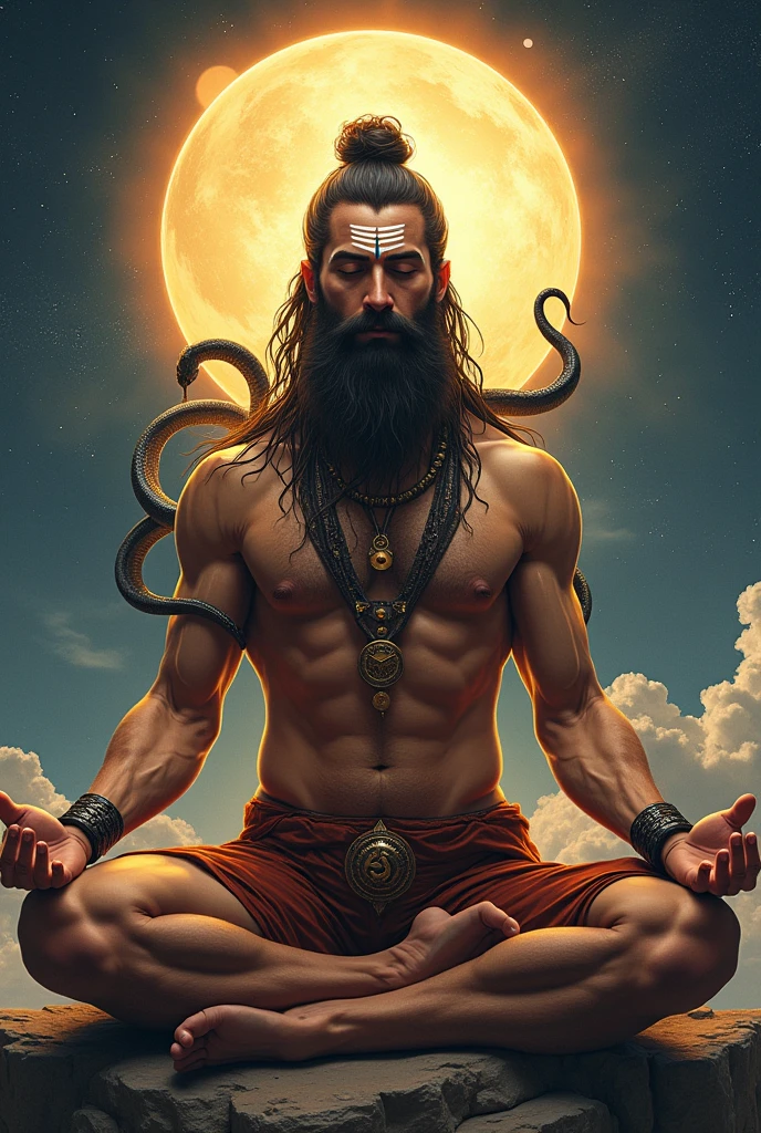 Long hair and tie in top of head long beard masculine man having third eye in his forehead meditating in the universes and having a background of sun amd moon . A image of powerful yoga practitioner having divine power and enlightenment knowledge giving man more fiber muscle and veins in body . Real third eye . Mobile phone wallpaper . Having big veins add 3 line of shiva add snakes in protecting head by cobras 5 head thin body but very muscle fibers veins . Snakes cover his head
