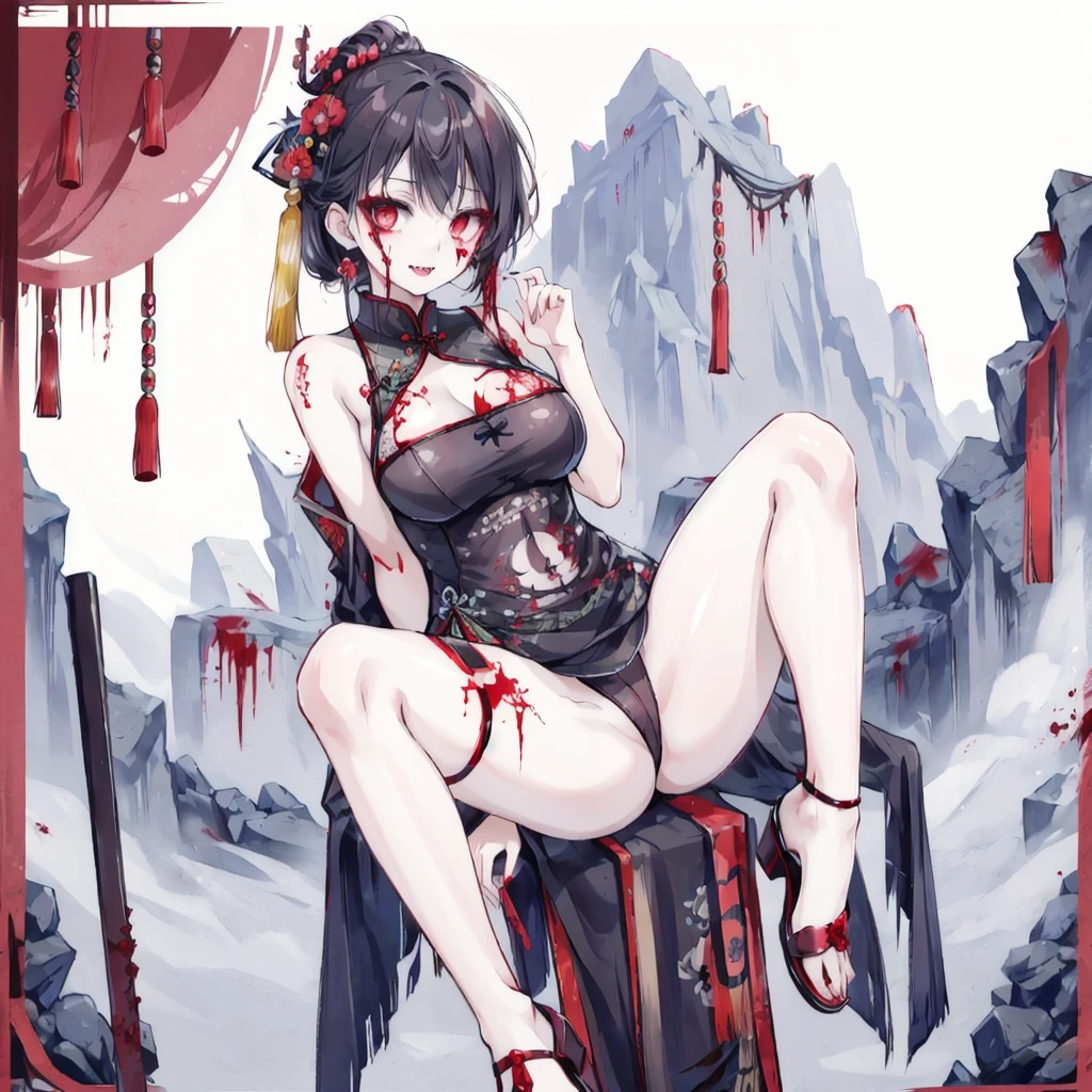 zombie，Chinese style，Tattered cheongsam，Large Breasts，Showing chest and legs，deep mountain，Fangs，blood