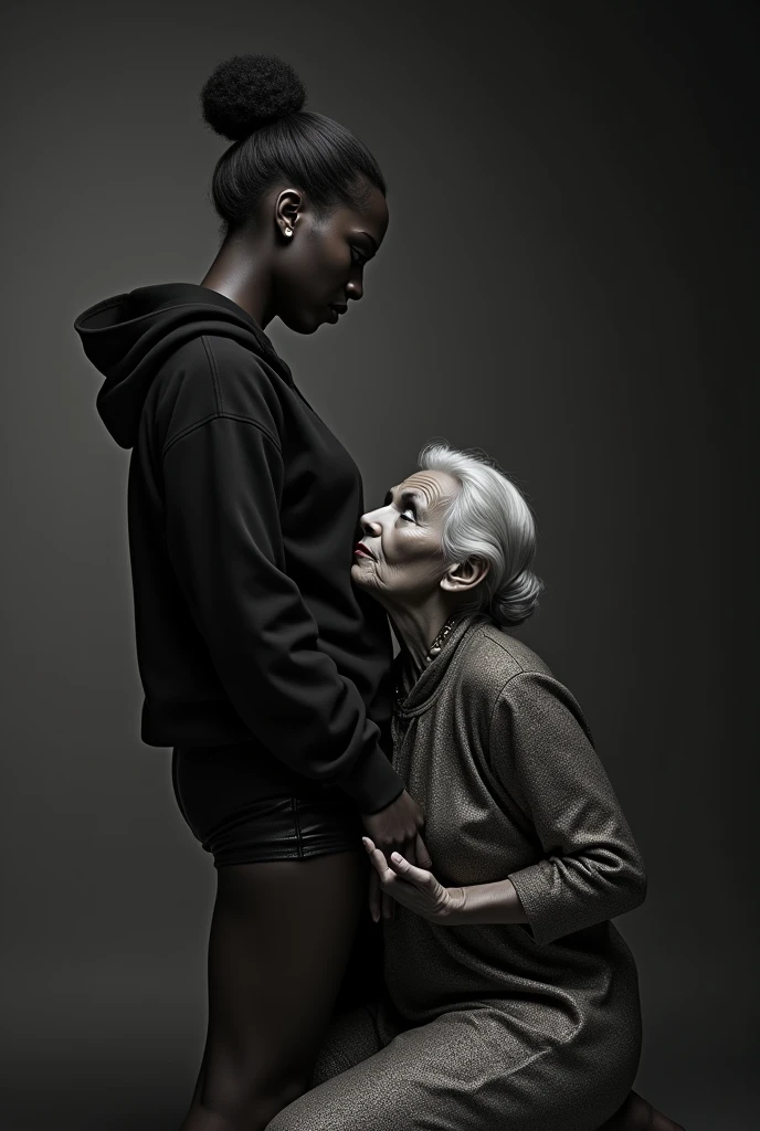 black woman hair in a bun black hoodie black leather short shorts a old grandma in a dress on her knees kissing her ass behind her squeezing her butt
