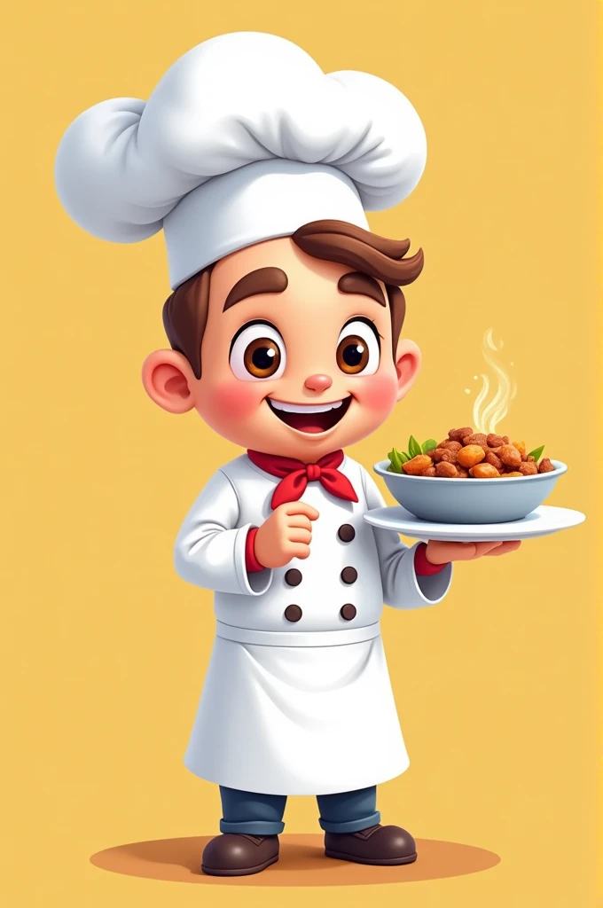 A cartoon chef   with a dish, he was ready to serve the food, the back ground was one colour, bottom of the picture type "friends catering service"

