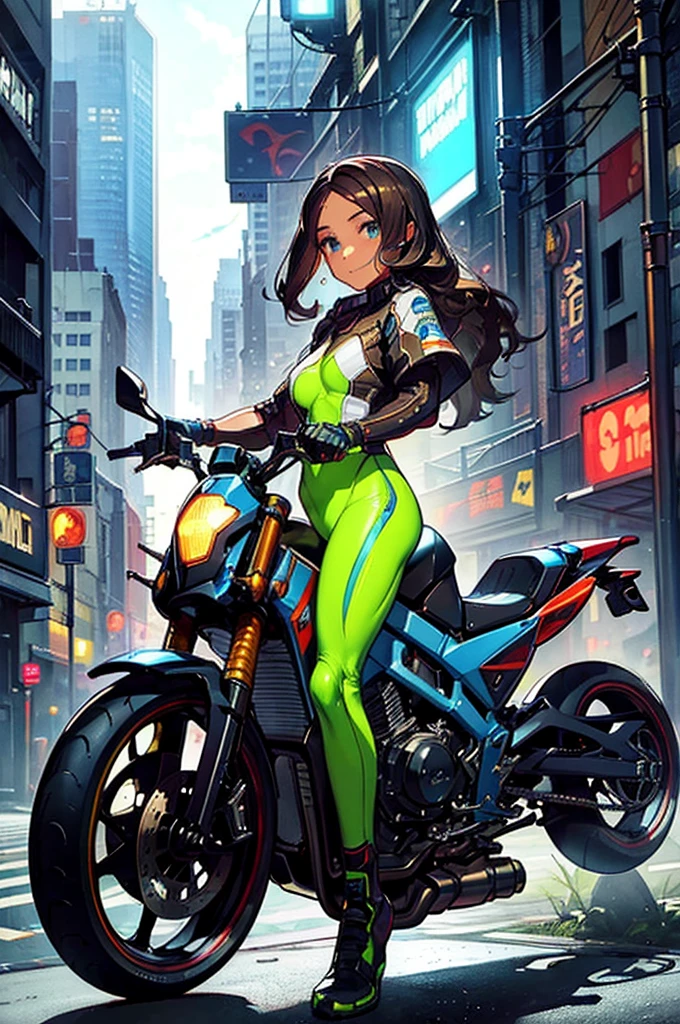 (masterpiece), Highest quality, Fantasy art, One person, (alone:1.5), riding on a cyberpunk style motorcycle, motorcycle, Ground vehicles, car, Cyber City background, Speed Line, Bright colors,spark,(Racing Suits),(Racing Gloves),((Remember)),((Butt)),(Sweat),(hand,detailed,perfection,perfectionion,hands),