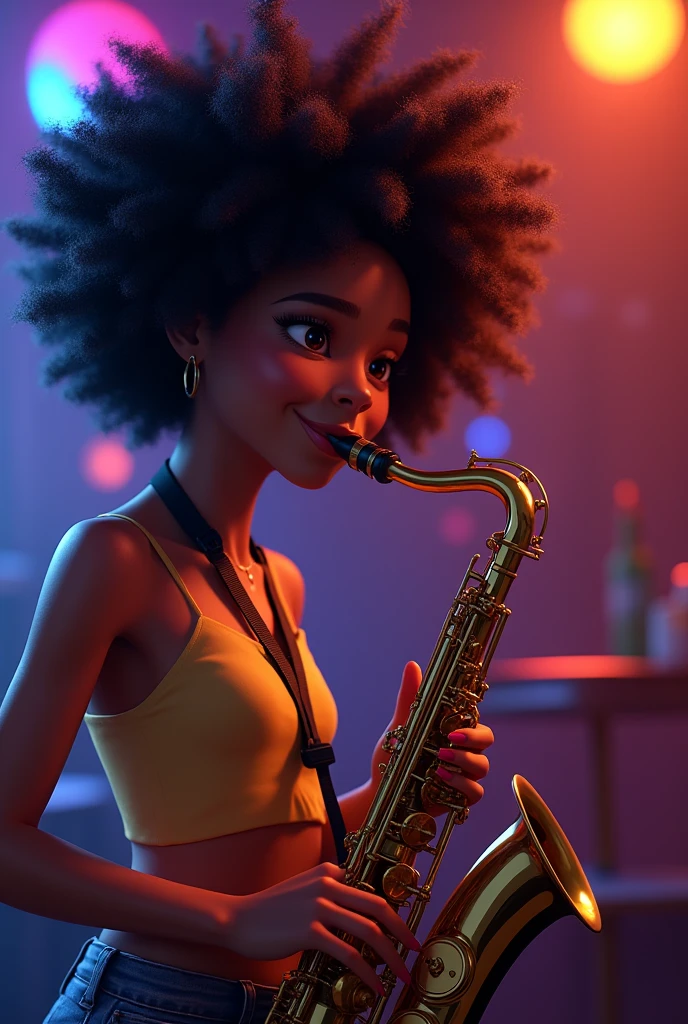 (masterpiece, Highest quality), A woman with afro hair playing the saxophone, Beautiful Face, , cute, , Make it beautiful, Cool vibe,, cute night vibe, concentrate,, Funk , Neon colored clothes , Small breasts, smile, live house,Pixar Style