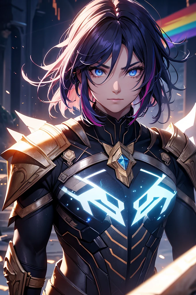 a male warrior with glowing eyes, large weapon, tall stature, muscular physique, asymmetrical bangs, visible abs, rainbow-colored hair, laughing、wearing complex armor, surrounded by twilight, diamond shards, black particles, cinematic lighting, ray tracing, shading, eternal aura-like quality, masterpiece, highest quality, extremely detailed, sharp focus, extremely detailed face, extremely detailed eyes, sparkling eyes:1.2, long eyelashes