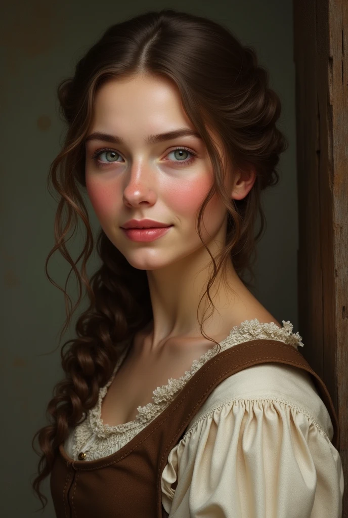 woman's face in peasant clothing, of Polish origin in the Middle Ages (with wavy hair)