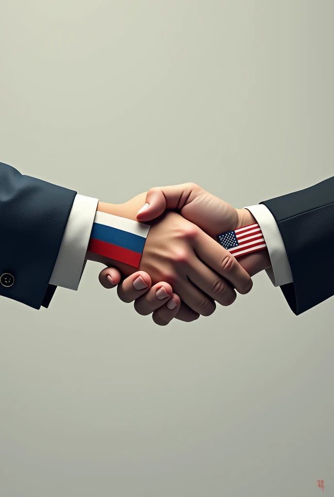 Draw a picture: The United States shakes hands with Russia and North Korea with both hands respectively, showing the difficulty of the United States. The picture requires three hands to appear, and the national flags of the three countries are attached to the arms, and no other elements are allowed.