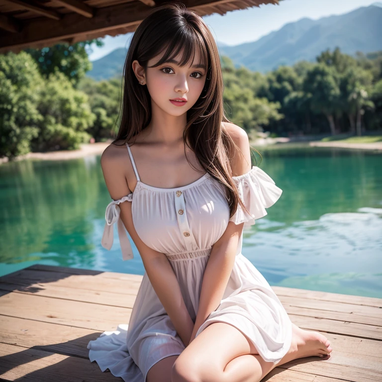 travel scenery photos,Wear a cute dress,1 female, On the face, light brown hair, blunt bangs, hair behind ears, Shoulder-length hair, long hair, Slender body type, 超face slimming型, face slimming, delicate lips, beautiful eyes, Thin blush, Eyes are light brown,View here, (actual:1.3), One person's perspective, 8k, Super detailed, high quality, best quality, High resolution, ,Large Breasts,3,above knee shot