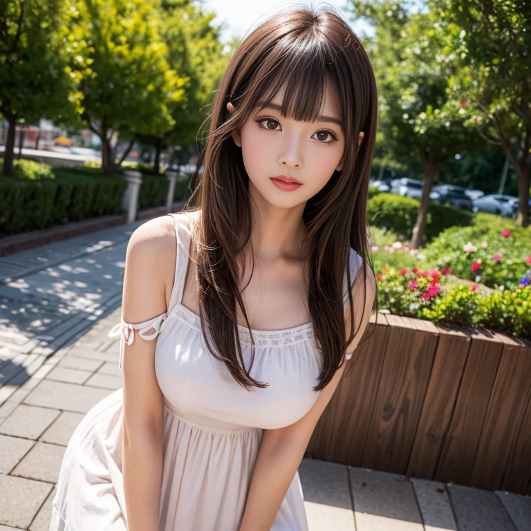 travel scenery photos，Wear a cute dress，1 female, On the face, light brown hair, blunt bangs, hair behind ears, Shoulder-length hair, long hair, Slender body type, 超face slimming型, face slimming, delicate lips, beautiful eyes, Thin blush, Eyes are light brown,View here, (actual:1.3), One person's perspective, 8k, Super detailed, high quality, best quality, High resolution, ，Large Breasts，3,above knee shot