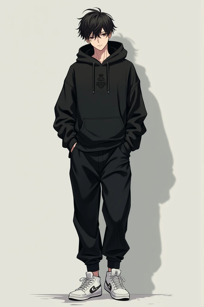 Anime handsome boy black hoodie black pant white sneakers little scratch in face black eye