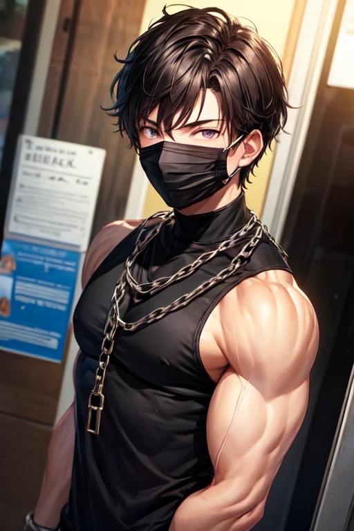 Boy with short dark hair, chain around the neck, a little muscular, black shirt and black mask