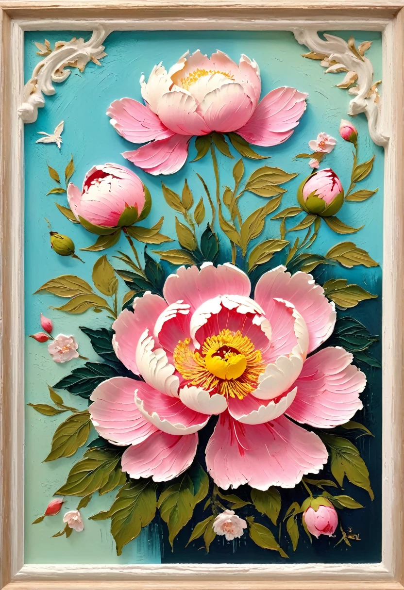 (A painting in a white plaster frame on an easel，Retro)：(((Soft tones，Chalk painting，Oil stick painting，flight，Thick coating，Uneven texture，Plaster texture，Graffiti)))。Korean style framed decorative painting，3D Decorating，French style peony flower