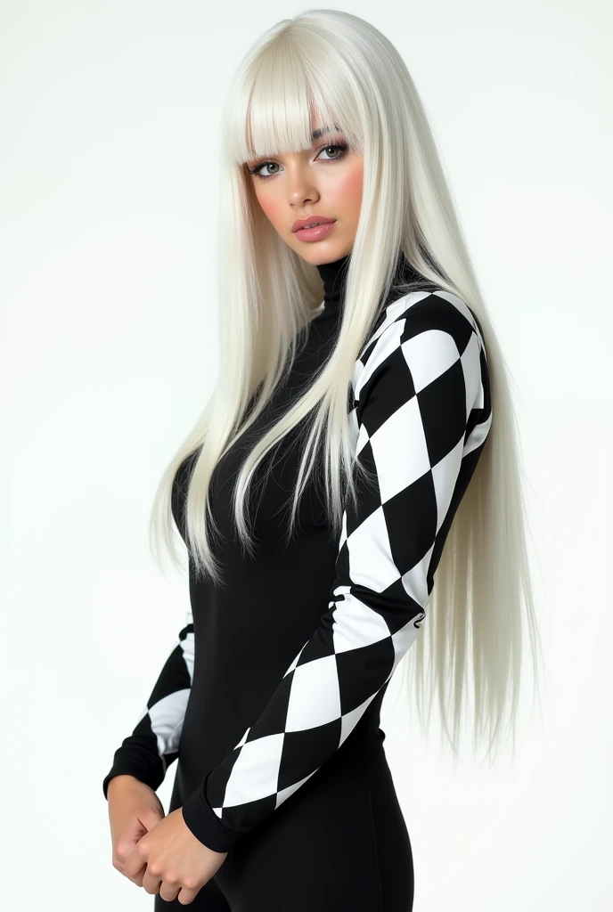 A woman with long straight white hair with bangs,she will wear a full arm covering black and white checkered jumpsuit,I want the white background,I want her to be beautiful and posing like a model 