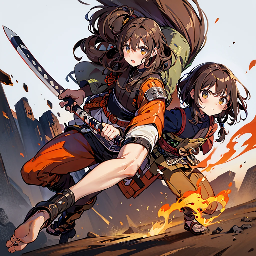 child, Samurai, post-apocalyptic, Brown hair, wavy hair, medium hair, hero face, armadura Samurai de color naranja, (((Whole body))), Japanese Plain. 