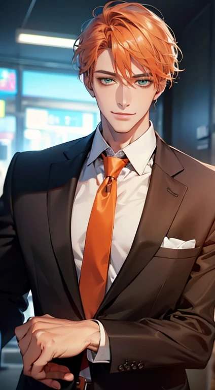 (Highest quality,4K,8K,High resolution,masterpiece:1.2),Super detailed,(Realistic,photoRealistic,photo-Realistic:1.37),1 personld,Mature Men,Beautiful skin、very handsome,Expressionless smile in love,Short orange hair,green eyes,Sharp Eyes,A perfect face without a doubt,Businessman, CEO, Office Background,Cinema Lighting,HDR image,tie、