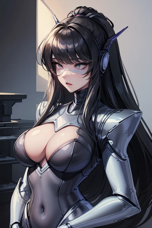 (masterpiece),(Highest quality),(Super detailed),(Best illustrations),(Best Shadow),(Absurd),(Detailed Background),(so beautiful), 16K, 8K, 4K,(Best Shadow),empty eyes,robotization,woman ,big bust,Robot Joint ,Metal skin,Black Suit,long hair,a black suit that covers the whole body