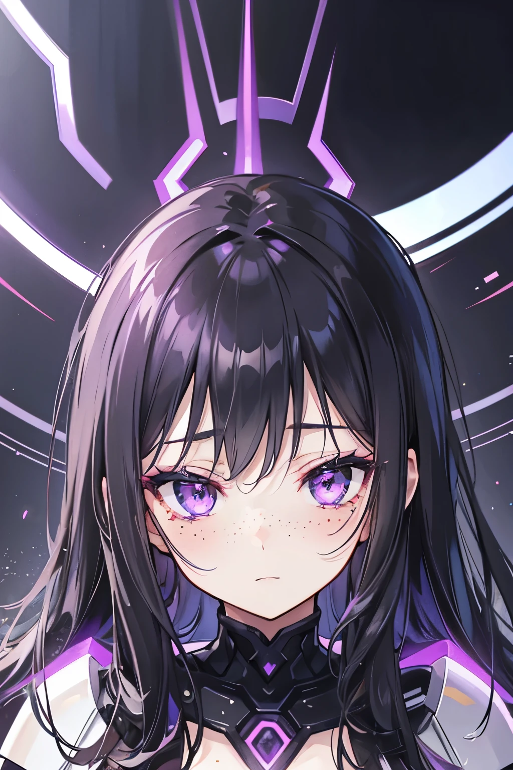 a woman with wavy black hair and purple eyes, black alien armor, freckles, blush, eyeshadow, cute face