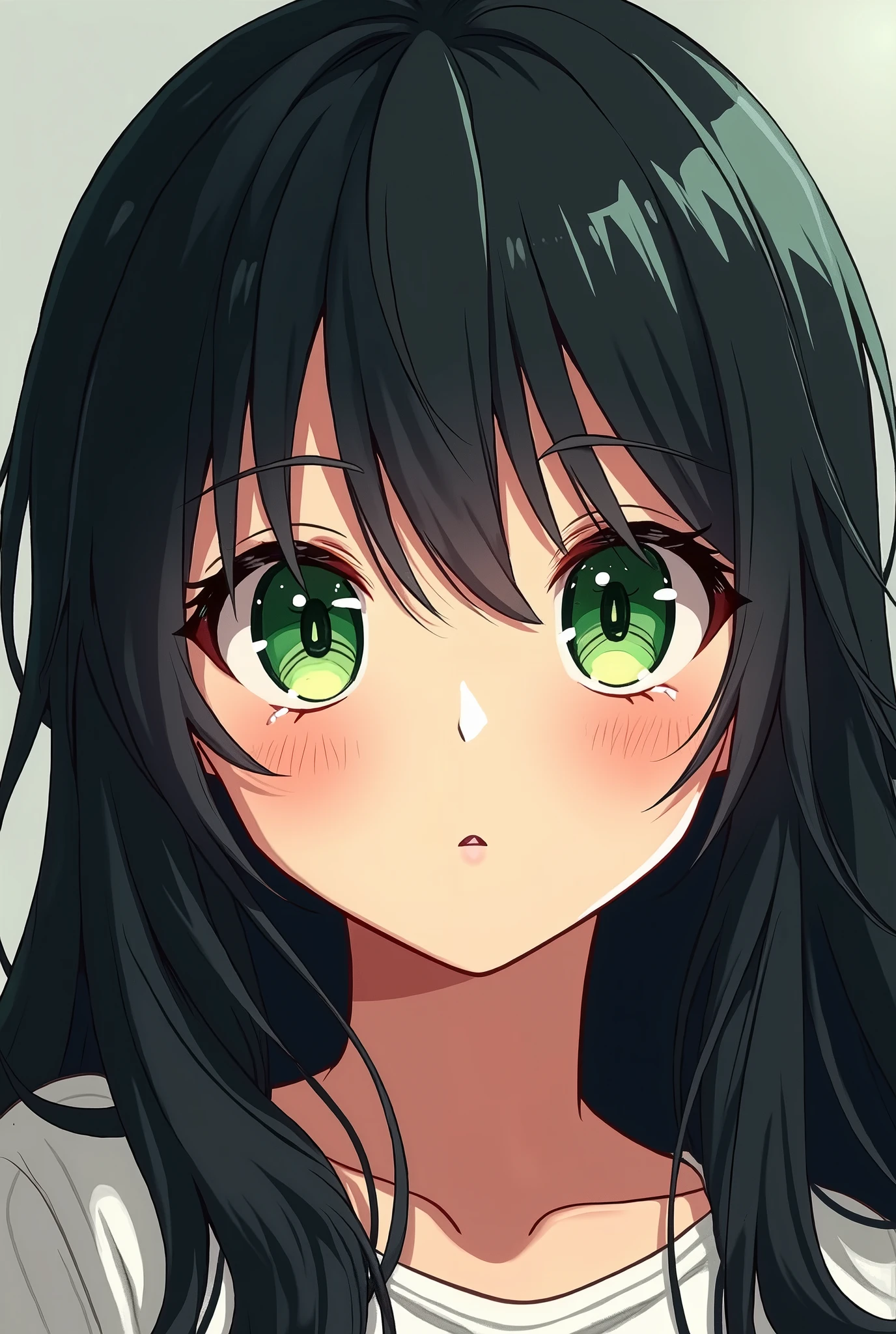 A girl with green eyes, white skin with small freckles under the eyes and black hair in the features of the anime Boku no hero academia.