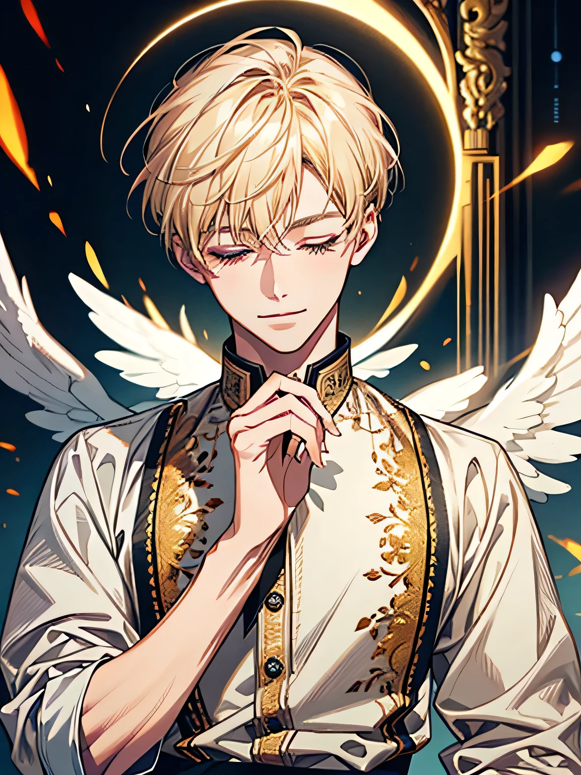 (1man), solo, handsome man, {beautiful detailed eyes}, {{{masterpiece}}}, {{{best quality}}}, {{ultra-detailed}}, {illustration}, perfect hands, angel, blonde short hair, halo, one eye closed, amber eyes, light smile, flying,