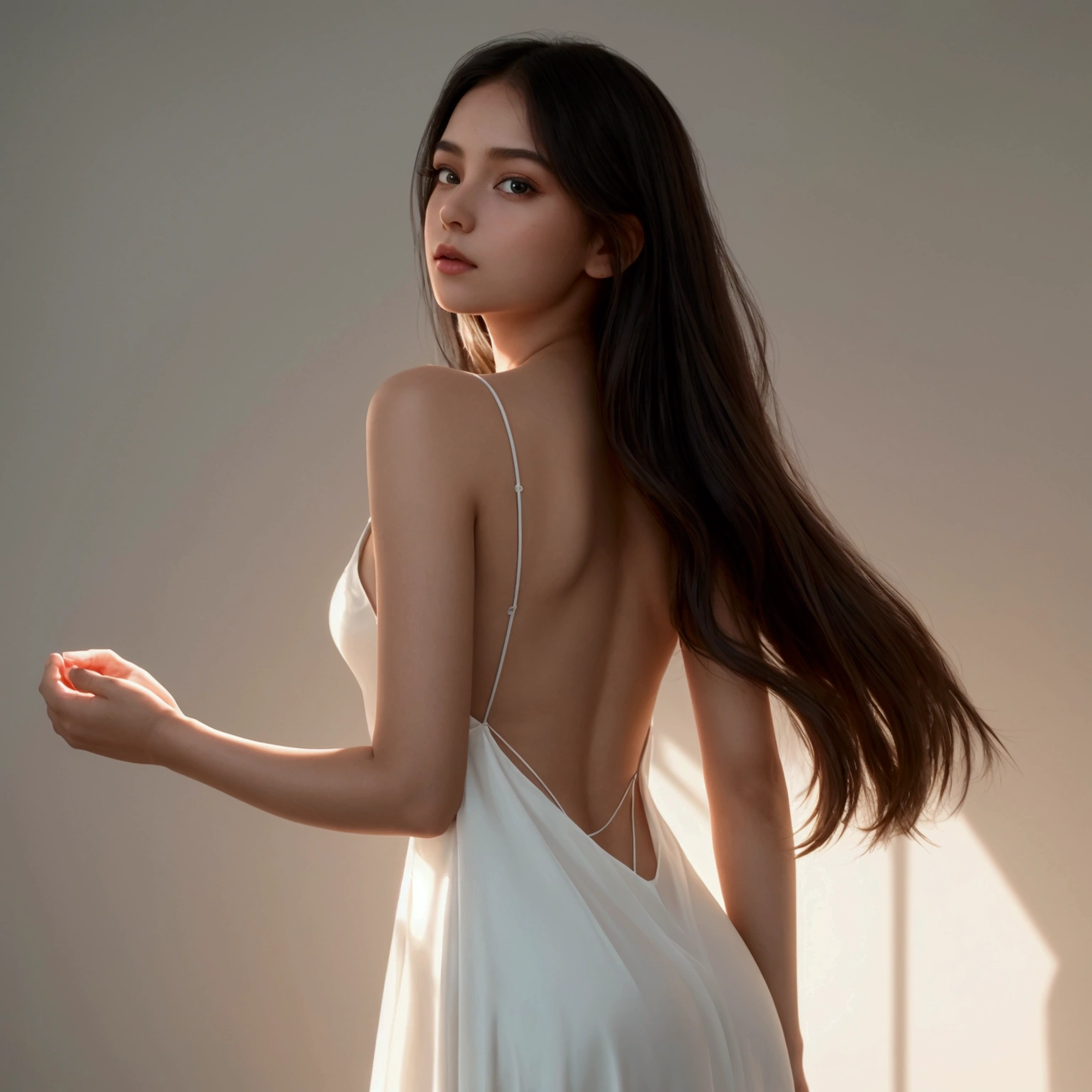 Prompt: "An ultra-hyperrealistic image of a stunning young woman floating effortlessly in the air. She has long, straight, silky hair cascading down her back, each strand meticulously detailed with a soft, natural shine. She wears a short, form-fitting black dress that accentuates her slender figure, the fabric subtly rippling as if caught in a gentle breeze. Her skin is smooth and flawless, with a soft, natural glow. The dress's texture is rich, with fine stitching visible, and the sheen of the fabric reflects the ambient light. Her eyes are captivating, with a depth that suggests both innocence and mystery, framed by long lashes. The background is a soft, blurred gradient that enhances the focus on her, with delicate lighting that creates realistic shadows and highlights. The overall scene captures a moment of serene suspension, as if time itself has paused to admire her beauty."