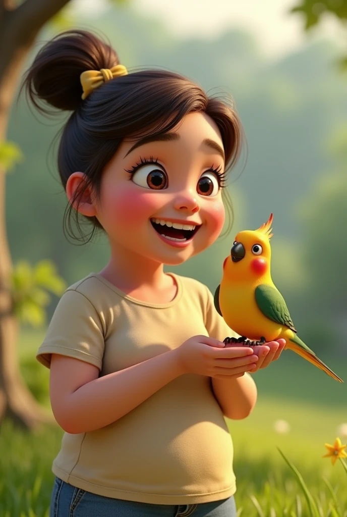 animation chubby 30 year old woman, pixar 3d model, with medium dark brown hair, round eyes, holding a cockatiel, in a grassy place