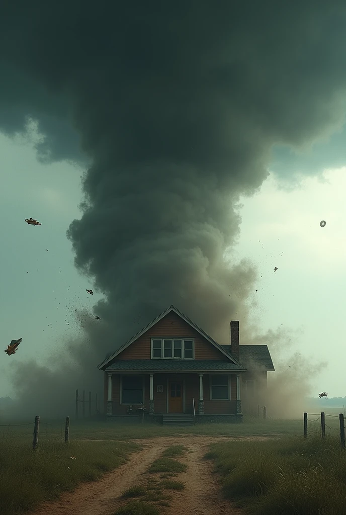 ((best quality)), ((masterpiece)), (detailed), small farmhouse, tornado, house flying inside of tornado, (front view), detailed and extreme, 8k, RAW photo, high resolution, high quality), detailed background, cinematic lighting, back lighting, photorealistic, hyperrealistic, by dasagi, scattered debris
