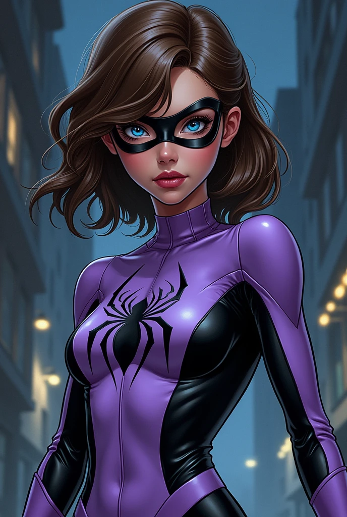 a girl with brown hair and blue eyes. her hair is a tomboy and she has big eyelashes. she has a lilac spiderman outfit, but only with a mask over her eyes, and she is over 20 years old and has a more serious and sober appearance.It's night and she has black and white details on her clothes. she gives off a seductive air. (add lots of details) . MARVEL 1980 comics style 2D
