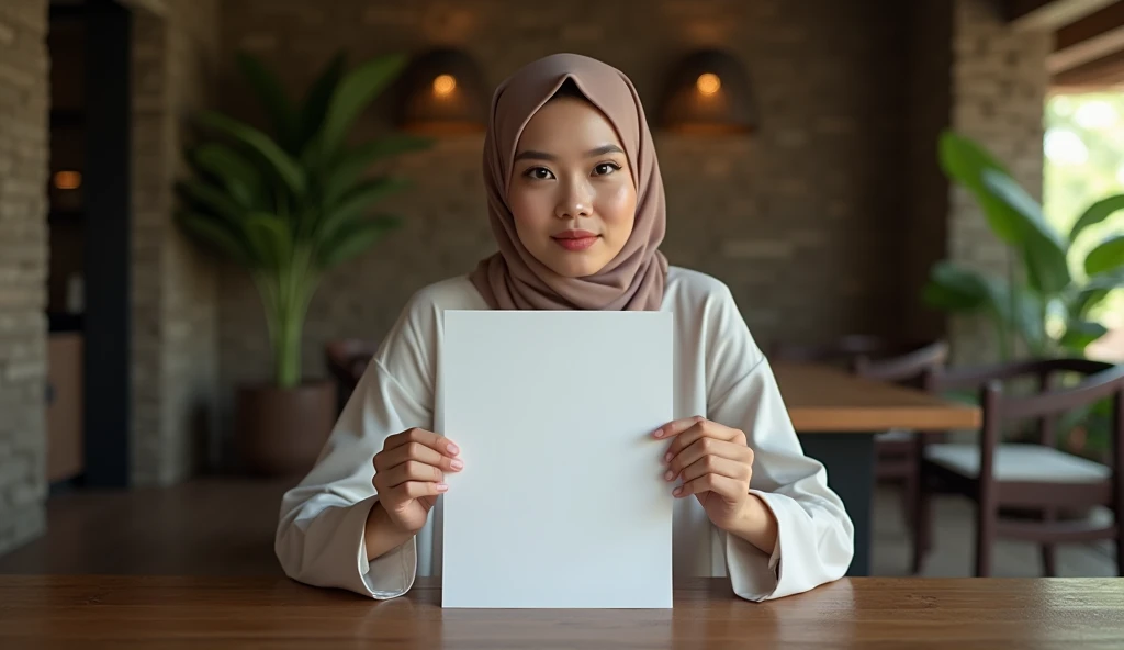 (photorealism:1.2), a woman, graceful,headscarf ,Indonesia,time, sit down,facing forward,shows a blank sheet of paper, blank paper facing the audience,aesthetic, interesting, clear