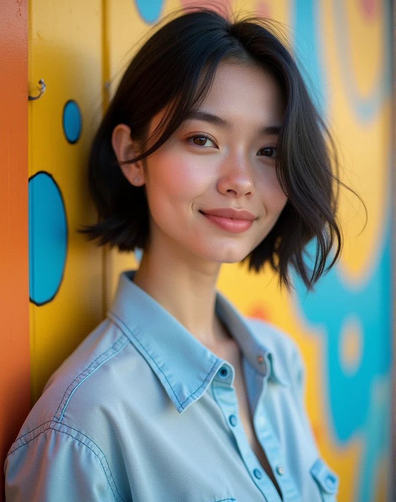 RAW photo, best quality, masterpiece, photorealistic, Polish girl,Light blue ASICS sneakers, 20 years old, black hair, Light grey eyes, short bob cut, hair in 7 thirds, hair over one ear, Symmetrical eyes, pale skin, Big Breasts, rip gloss, Light blue ASICS sneakers, photographed in front of a colorful and stylish exterior wall, smiling, sunny, outdoors, detailed background shot, model-like pose, summer, sunlight, stylish outfit