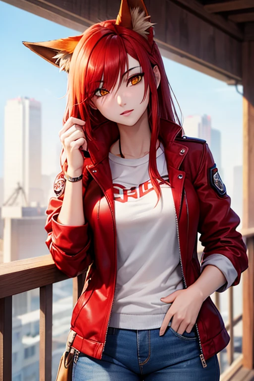 Beautiful Fox Female, White Skin, Red Hair, Yellow Eyes, Red Cyberpunk Jacket, Blue Jeans.