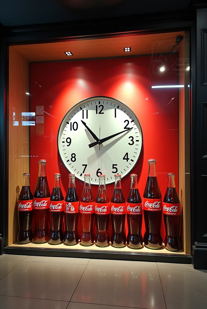 display window with a large clock in the background, and the numbers on the clock being coca cola bottles